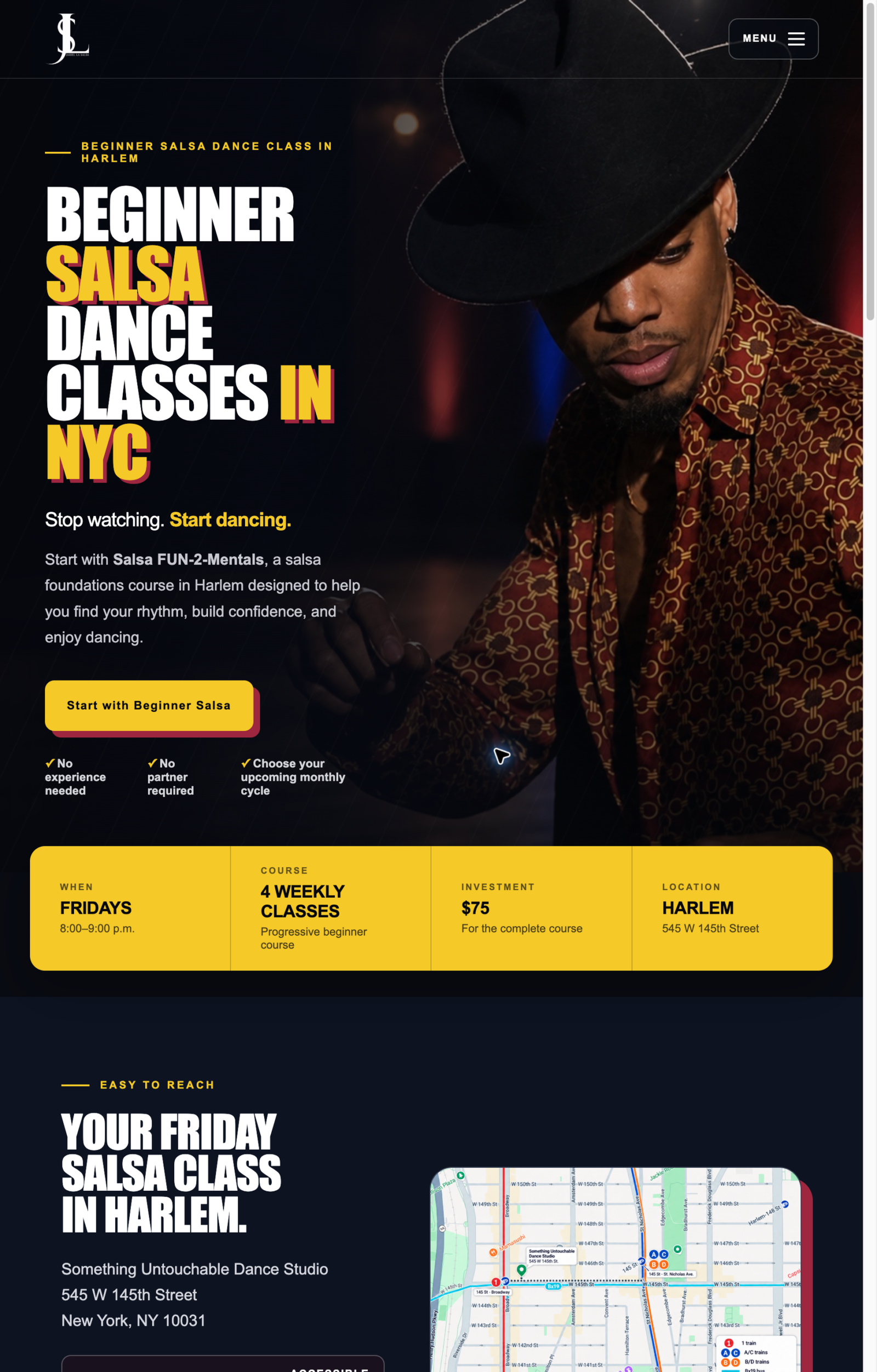 Jariel La Salsa website with bold salsa course messaging and online registration