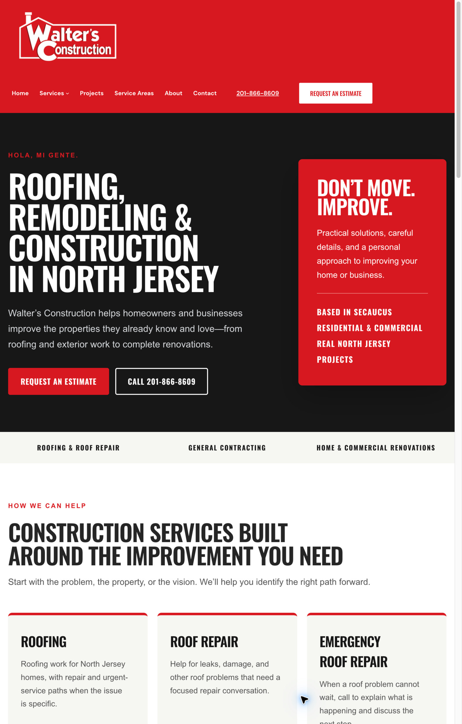 Walter’s Construction website showing North Jersey roofing and remodeling services